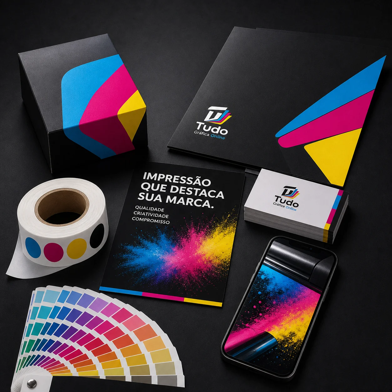 Mockups de produtos gráficos em apresentação profissional